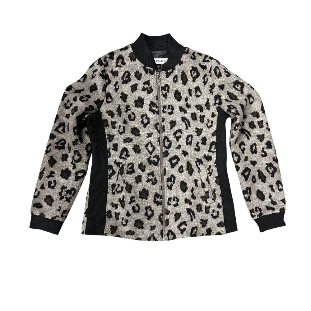 Montana Co Womens Small Leopard Print Full Zip Jacket Lined Gray Black Brown EUC